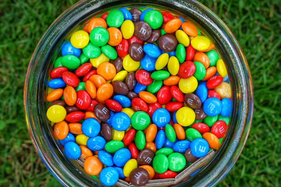 bowl of m&m candy pieces